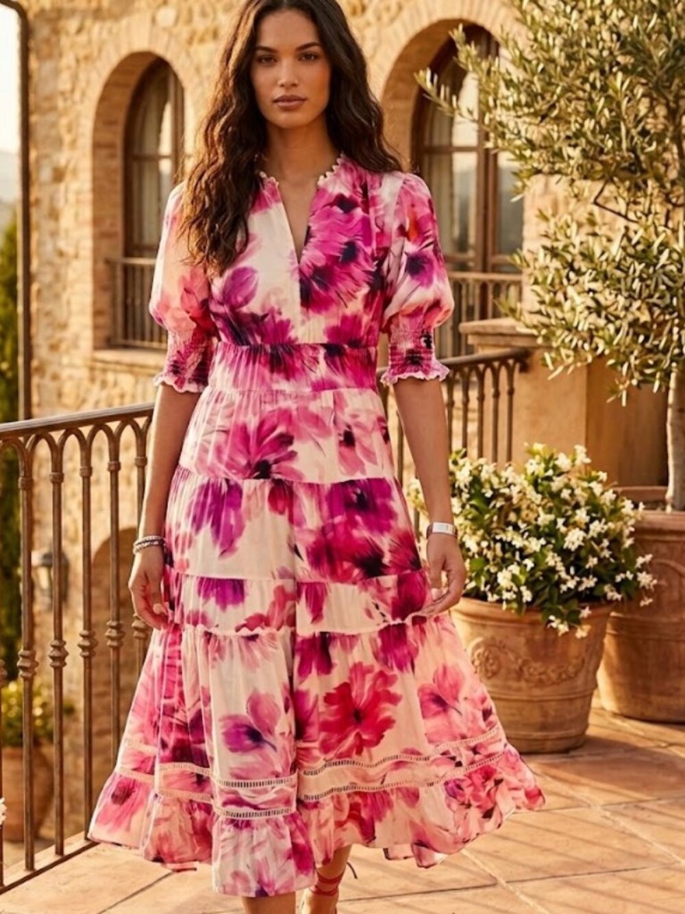 Johnny Was White Maxi Dress with Pink Floral Print Size XL